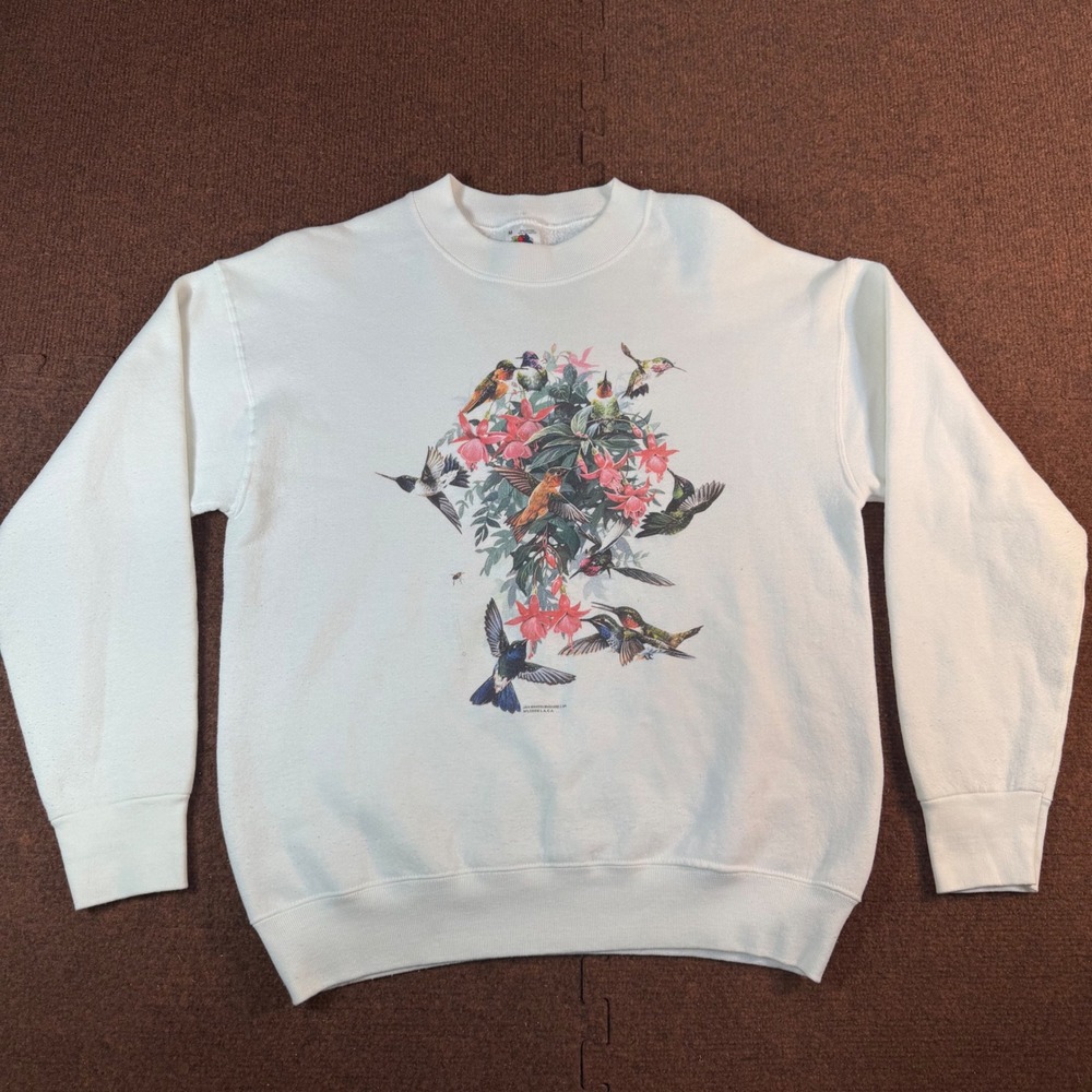 Vintage Fruit of the Loom Hummingbird Sweatshirt 1994 Jan Martin McGuire White M
